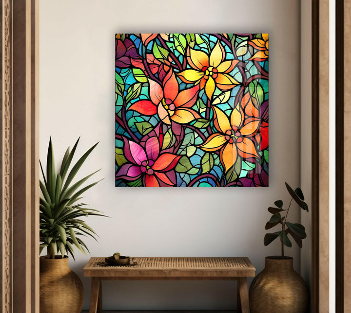 Multicolored Flowers Glass Wall Art glass art painting, glass art for the Wall