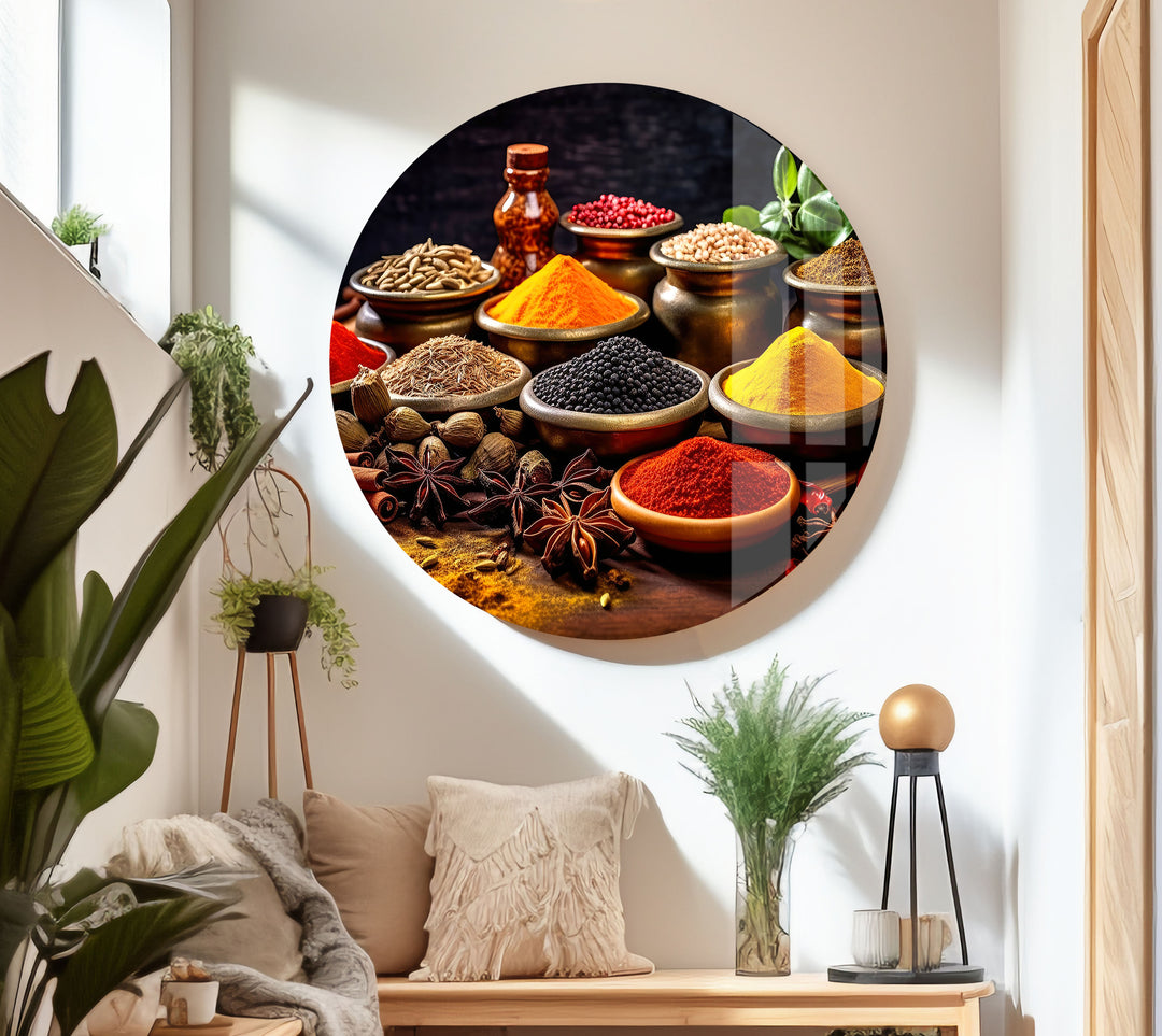 Colorful Indian Spice Wall Art – Exotic Kitchen Glass Print with Rustic Herbs & Seasonings