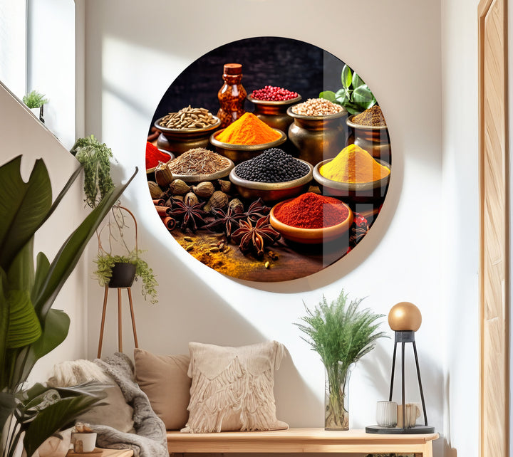 Colorful Indian Spice Wall Art – Exotic Kitchen Glass Print with Rustic Herbs & Seasonings