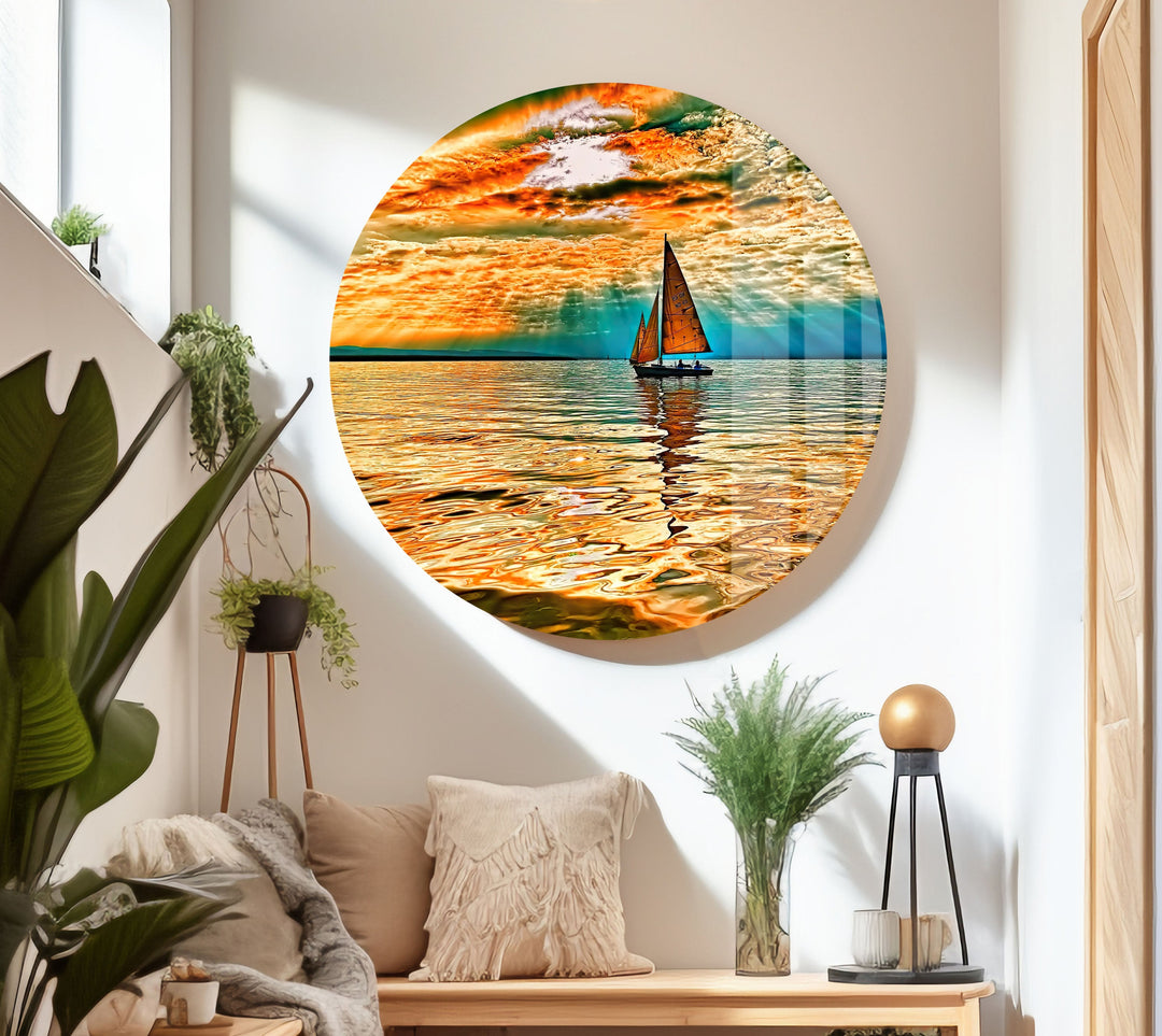Segelboot Rotes Meer Sonne Glas Wandkunst