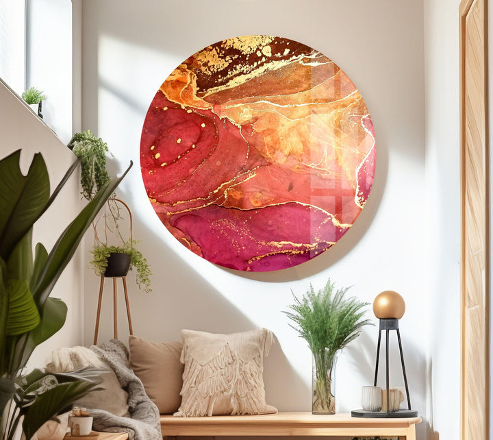 Abstrakte Glaswandkunst in Hot Pink und Gold