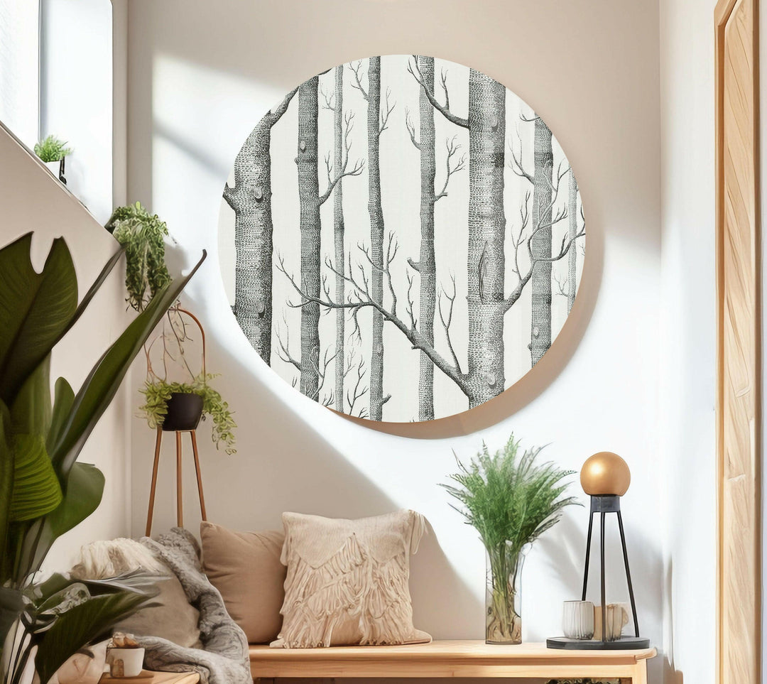 Nature paintings for sale, showcasing an elegant birch forest in a monochrome theme.
