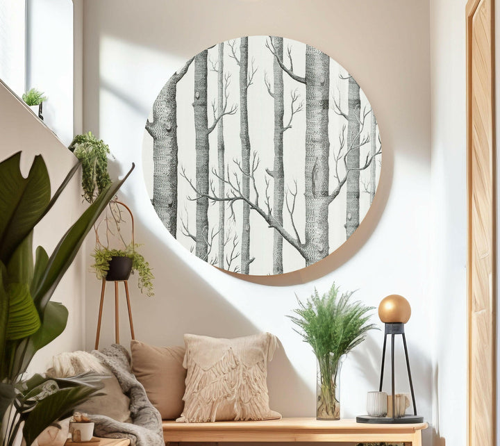 Nature paintings for sale, showcasing an elegant birch forest in a monochrome theme.

