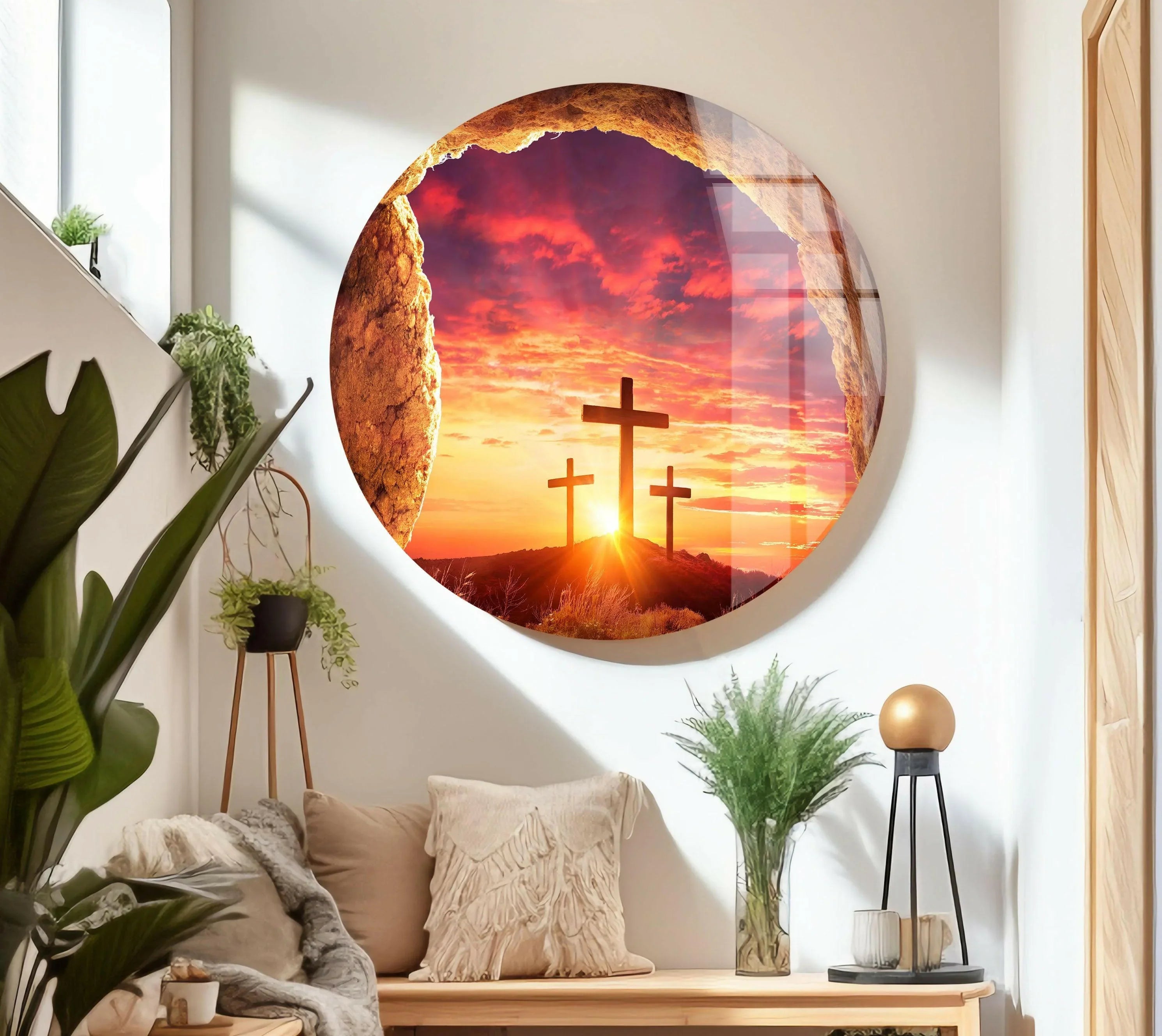 Christian Cross with Sunset Wall Decor – Spiritual Glass Artwork