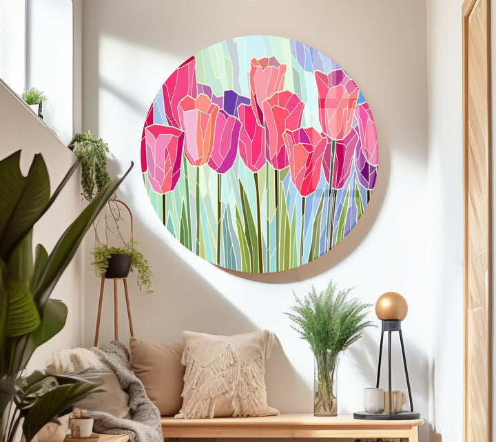 Pink Tulip Stained Glass Wall Art, glass pictures for Wall, glass prints wall art