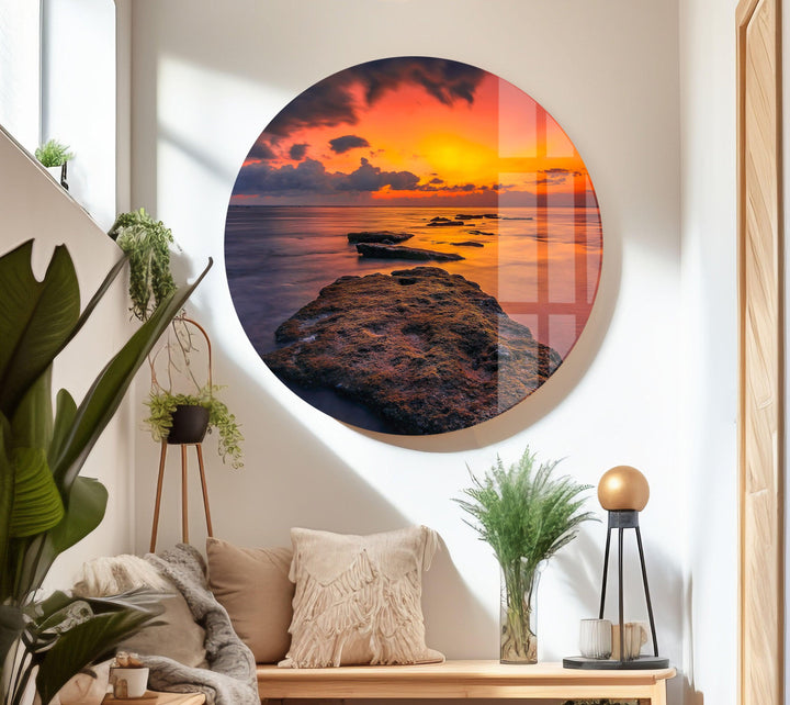 Peaceful nature-inspired wall art featuring a glowing sun setting over calm waters.

