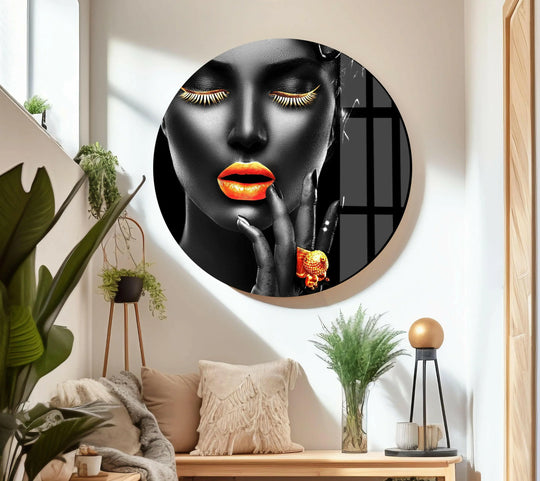 Cool Art featuring a woman portrait with gold lips and gold lashes is a modern glass wall art for any woman plus glamorous interior decor