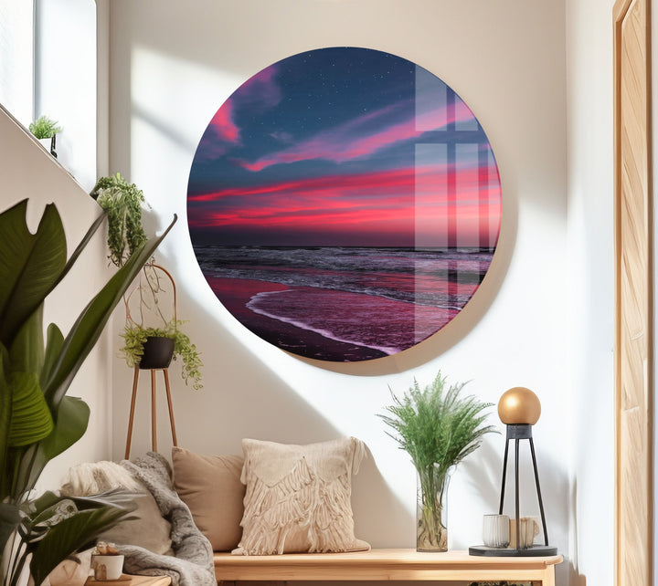 Nature-inspired beach wall art featuring a moody twilight horizon on glass.
