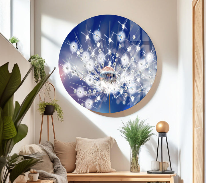Blue Dandelion With Drops Glass Wall Art, Glass Printing Wall Art, Print photos on glass