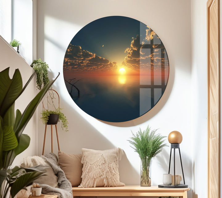 Golden Hour Reflection – A mesmerizing sunset art print on glass that adds warmth and tranquility to your home.
