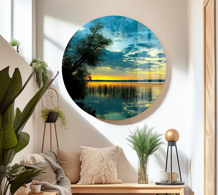 Modern home decor featuring a warm sunset reflecting on a quiet lake.
