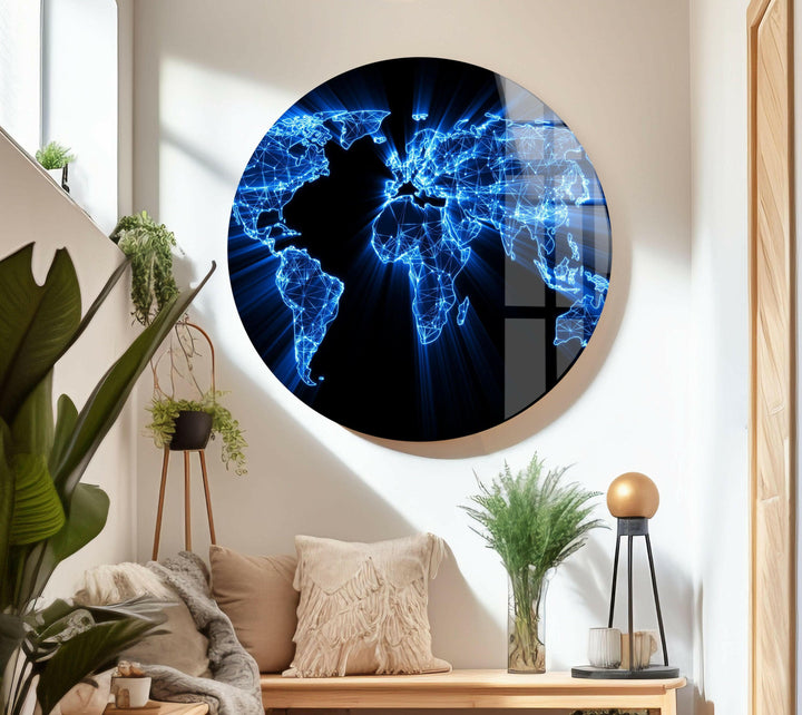 Wandbild aus Glas mit Weltkarte in Blau