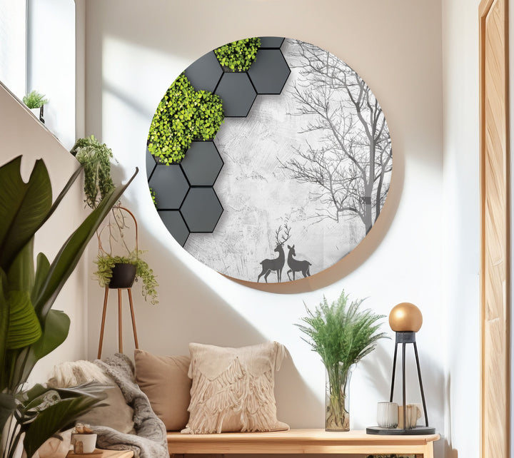 Abstract black and green hexagonal design wall art with a nature-inspired theme.
