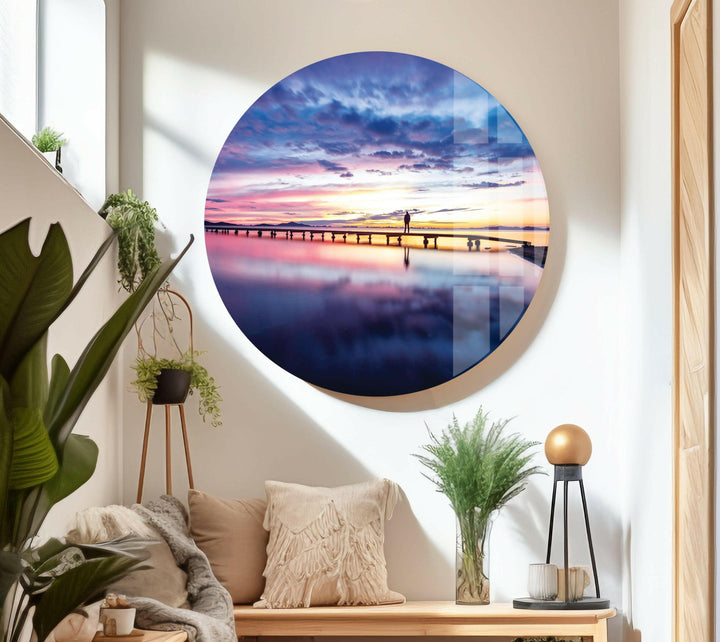 Nature art prints depicting a dreamy coastal walkway with vibrant sunset reflections.
