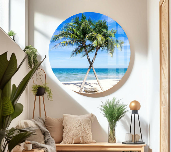 Breathtaking coastal view of a tropical beach with crystal-clear waters and palm tree reflections.
