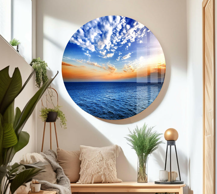 A peaceful ocean horizon with scattered clouds, creating a mesmerizing decor piece.
