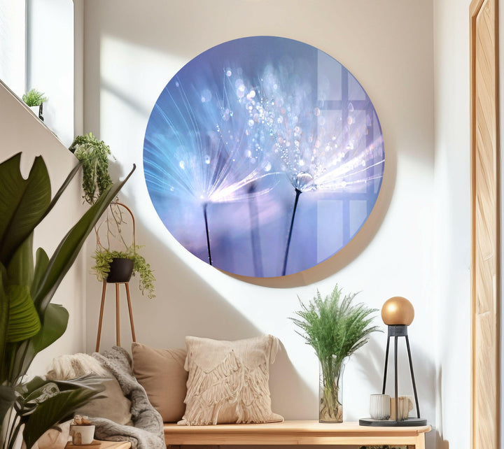 Dandelion Blue Sparkling Drops Glass Wall Art, custom glass pictures, glass art prints