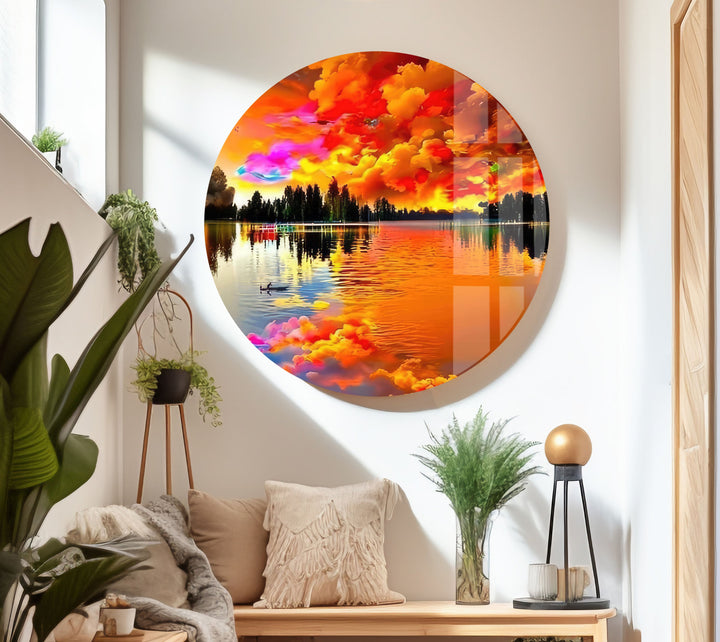 Sunset reflections dance on the lake in this striking tempered glass artwork.

