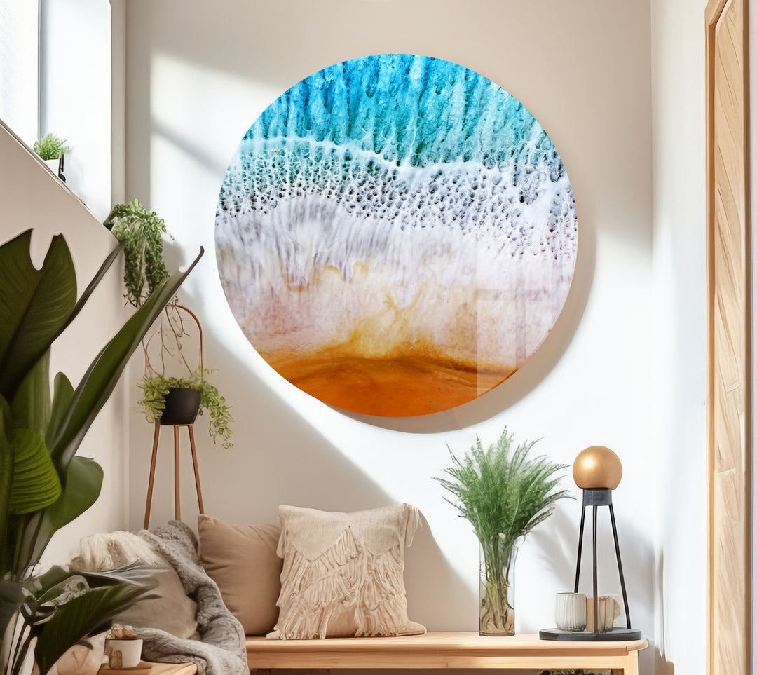A dynamic blend of ocean colors in this abstract Ocean Wave Glass Wall Art, perfect for any coastal-themed interior.
