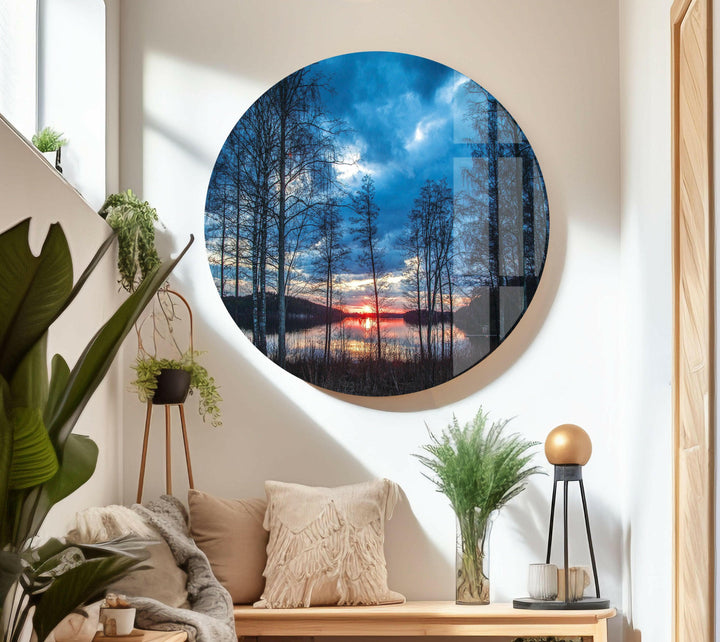 Forest Silhouettes at Twilight – A Striking Sunset Scene on Glass
