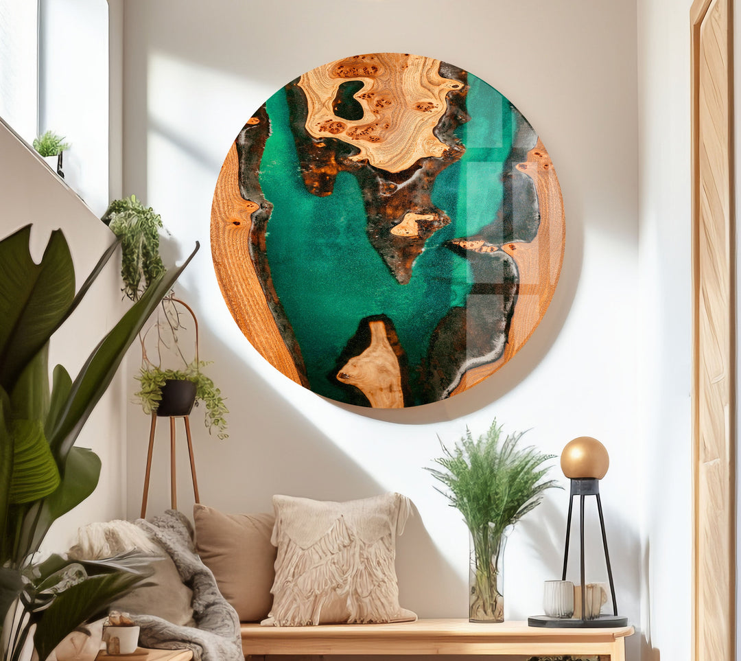 Abstrakte Wandkunst aus Glas in grünem Epoxidharz