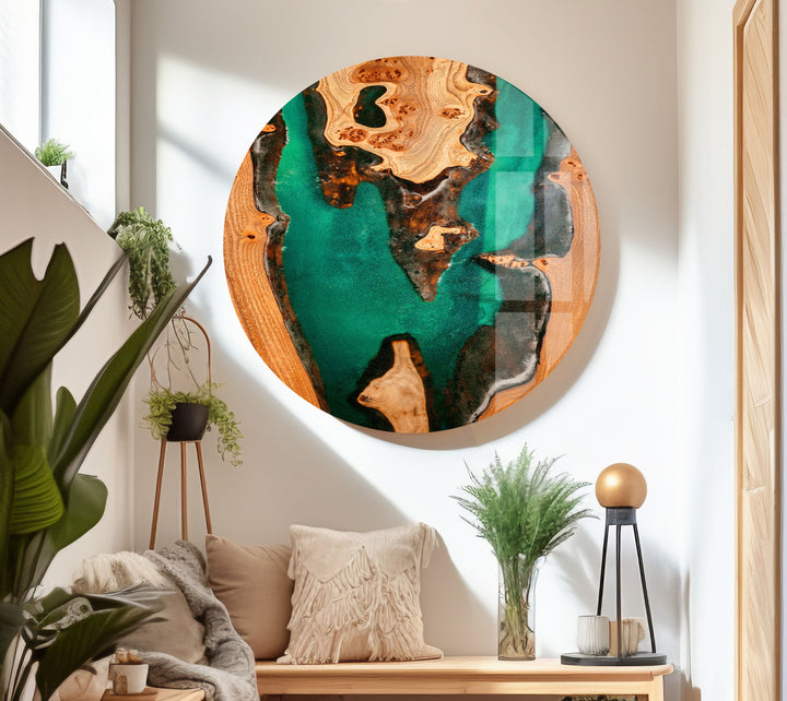 Abstrakte Wandkunst aus Glas in grünem Epoxidharz