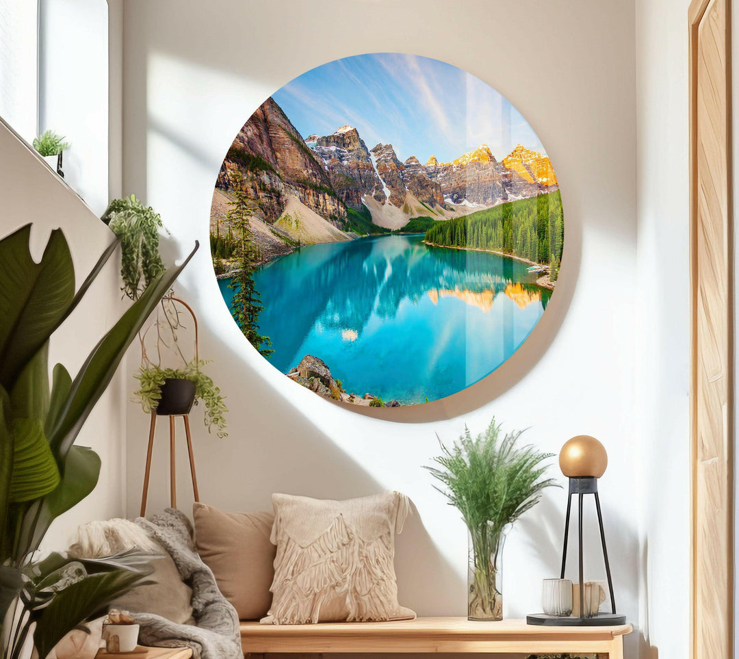 Landscape art showcasing the peaceful ambiance of Moraine Lake’s mirrored reflections.
