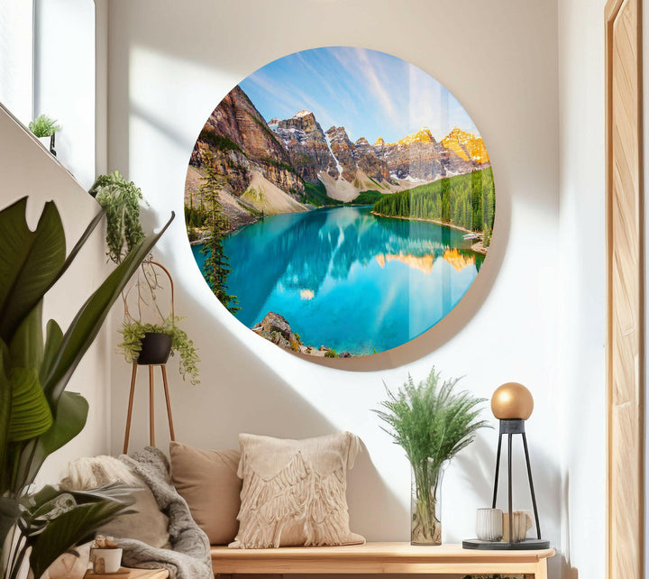 Landscape art showcasing the peaceful ambiance of Moraine Lake’s mirrored reflections.
