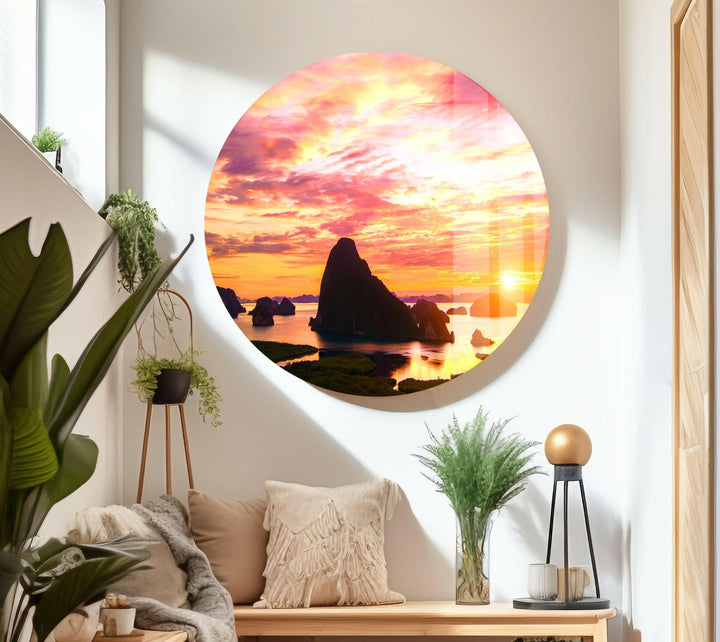 Sunset Glow Over a Tropical Paradise – A Dreamy Glass Landscape Print
