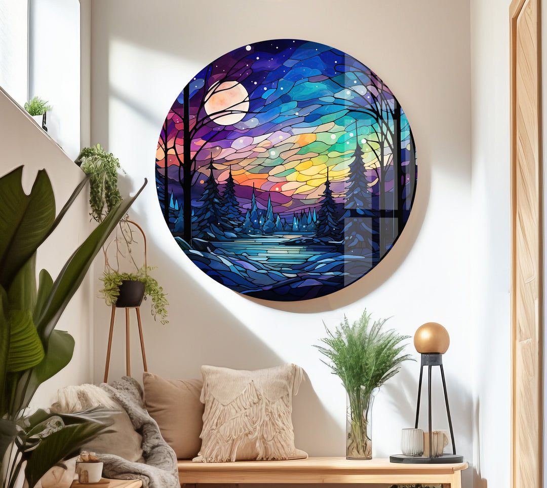 Bright and beautiful stained glass art, transforming your space with a colorful winter forest landscape.
