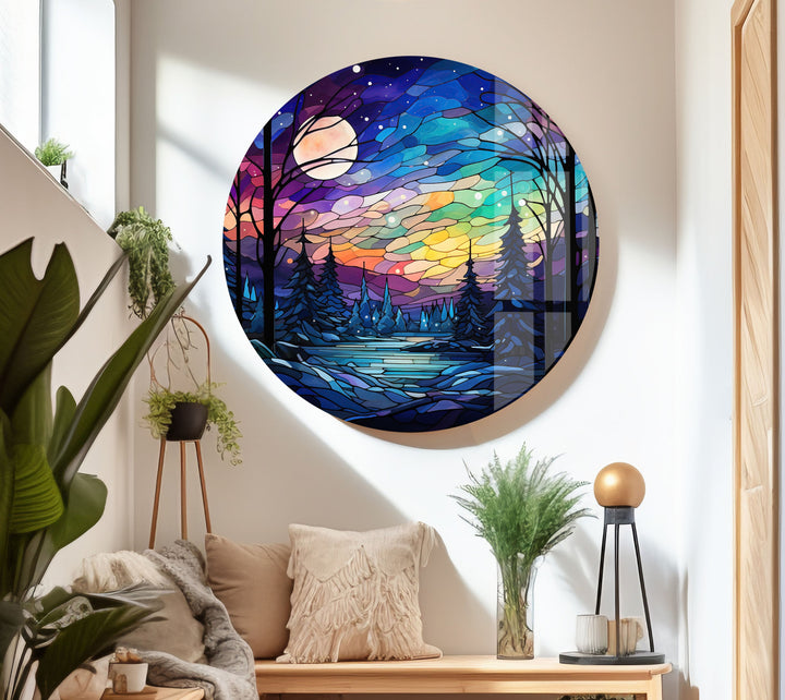 Bright and beautiful stained glass art, transforming your space with a colorful winter forest landscape.
