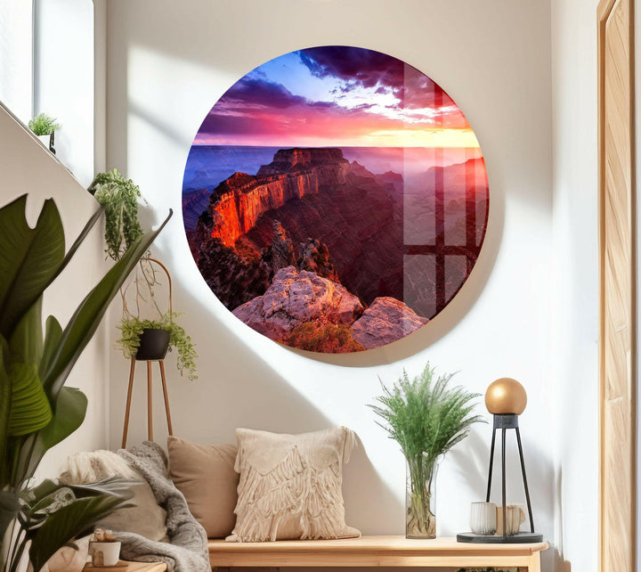 Nature art prints illustrating the Grand Canyon’s deep valleys under a mesmerizing sunset.
