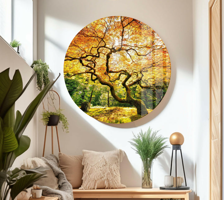 Nature-inspired home decor with a dramatic fall tree and glowing golden leaves.
