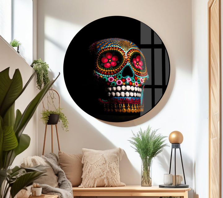 Calavera Sugar Mexican Skull Unique Glass Panel Artwork for Walls