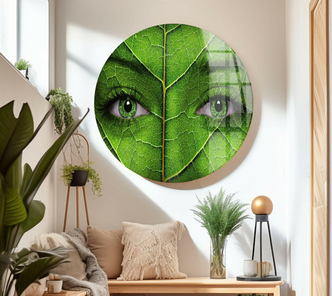Woman Face with Green Leaf Texture Glass Wall Art