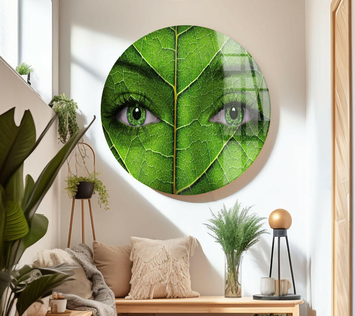 Woman Face with Green Leaf Texture Glass Wall Art