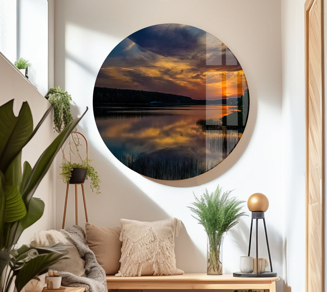 Golden Hour Reflections: This stunning glass wall art captures the golden reflections of a sunset over water, adding peace and tranquility to any room.

