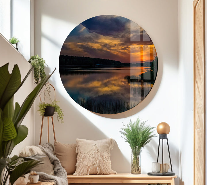 Golden Hour Reflections: This stunning glass wall art captures the golden reflections of a sunset over water, adding peace and tranquility to any room.

