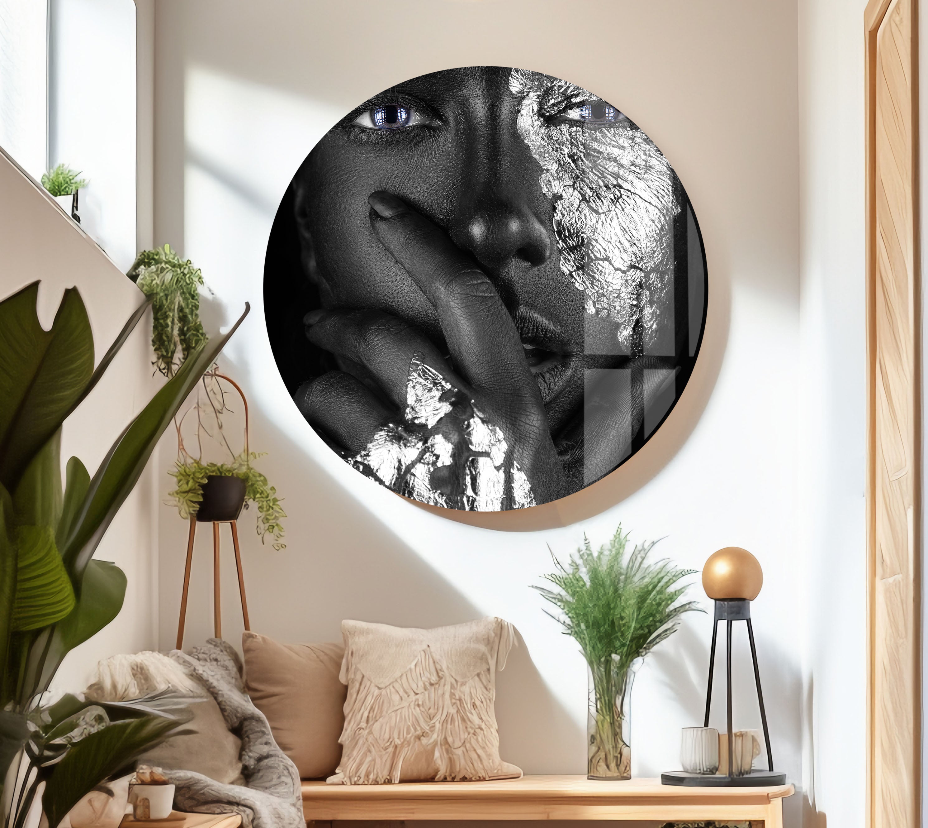 African Woman with Silver Details Tempered Glass Wall Art