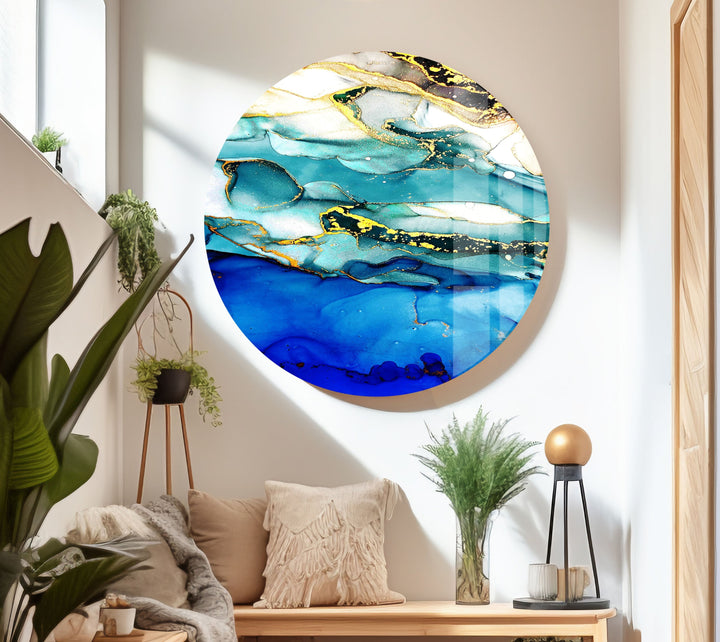 Blue and Gold Alcohol Ink Abstract Glass Wall Art art glass wall art, glass wall art pictures
