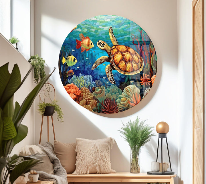 Sea Turtle & Fishes Underwater Glass Wall Art photo print on glass, prints on glass wall art

