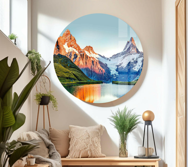 Snow-Capped Mountains and Mirror-Like Lake – A Stunning Glass Wall Art
