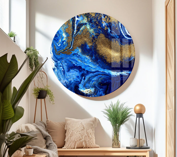 Blue Alcohol ink with Gold veins on round glass prints