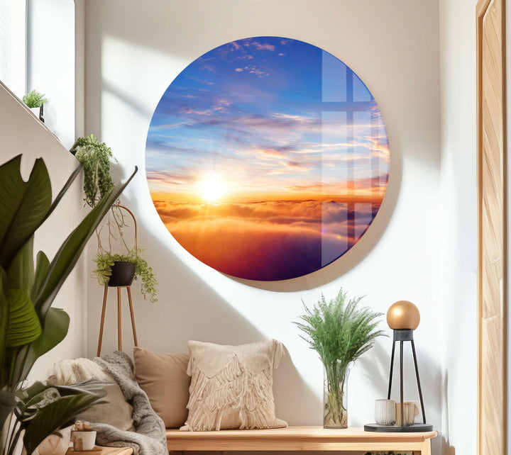 Golden Sunrise and Cloud Horizon – A Nature-Inspired Glass Print
