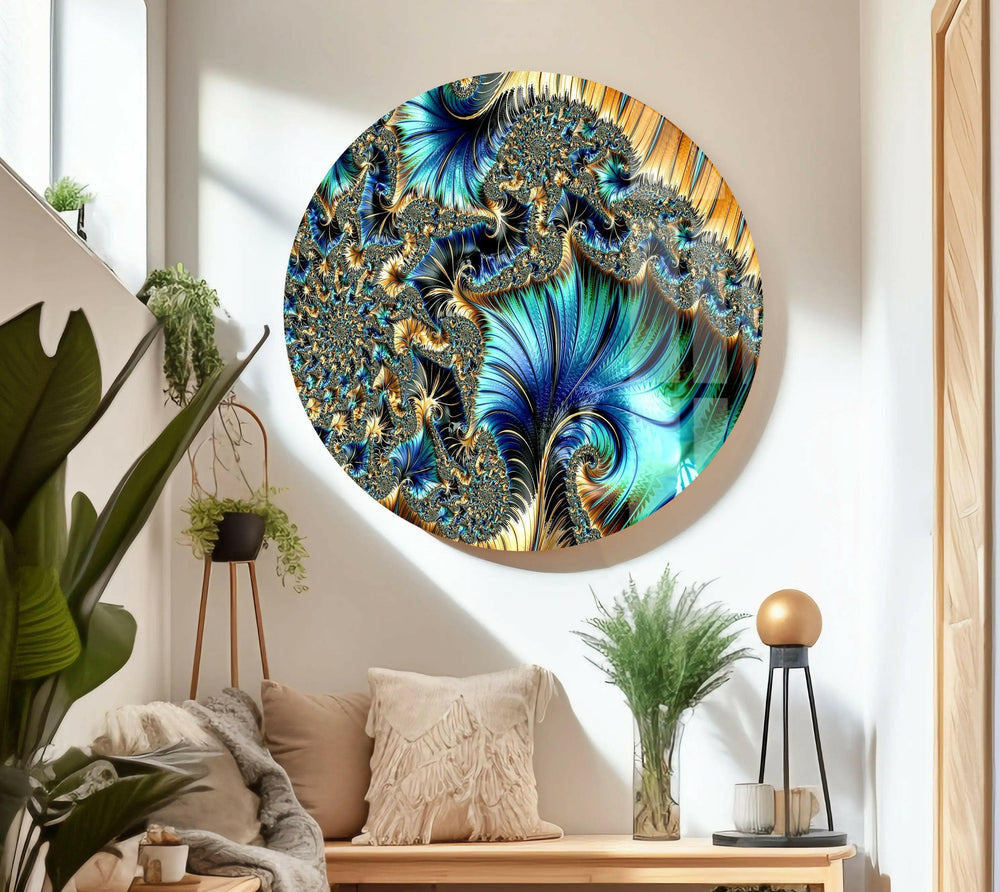 Blue Golden Fractal Glass Wall Art,  glass wall decor, glass wall art decor
