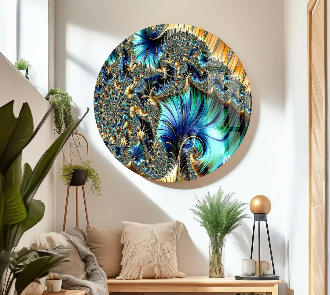 Blue Golden Fractal Glass Wall Art,  glass wall decor, glass wall art decor