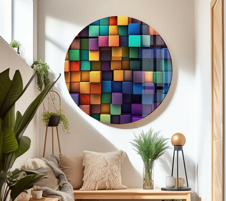 Colorful Abstract Cubes Glass Wall Art