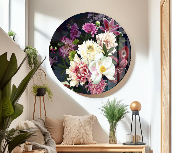 Dark Floral Botanical Luxury Glass Wall Art, glass art painting, glass art for the Wall
