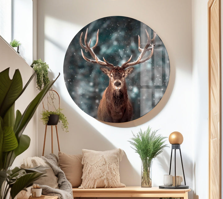 Dear in Snow Forest Glass Wall Art print on glass, glass printed photos