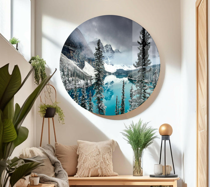 Frozen Lake and Towering Evergreens – A Breathtaking Winter Scene on Glass
